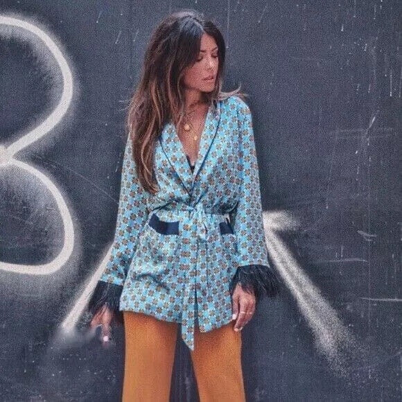 NWOT ZARA Blue and Orange Patterned Kimono with Navy Feather Trim - Picture 12 of 16